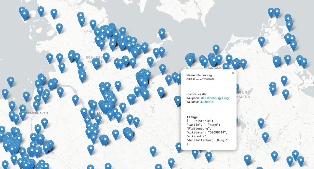 Map showing OSM nodes in N. Germany matching refined criteria
